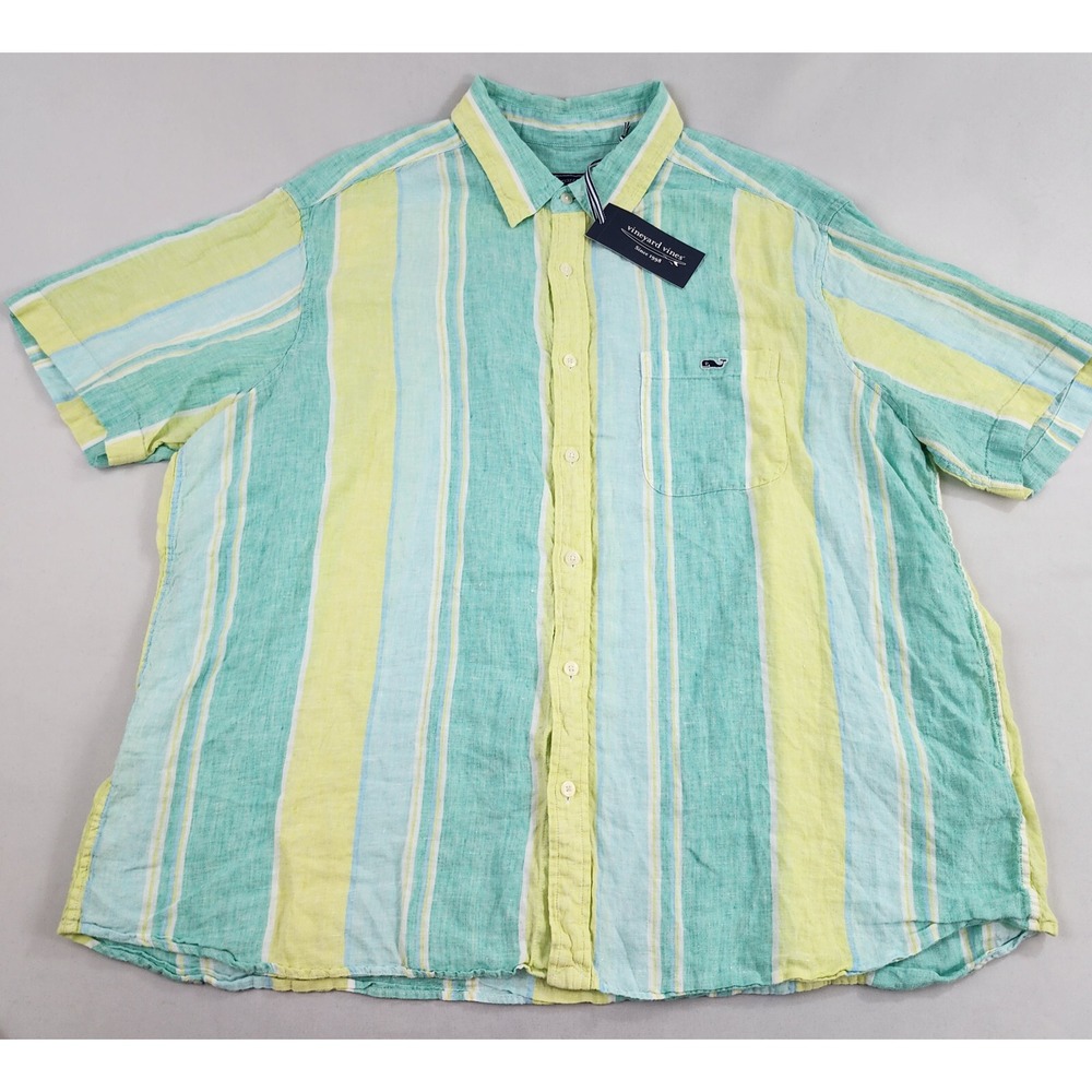 Vineyard Vines shirt XXL 51" button striped linen short sleeve green $98 mens